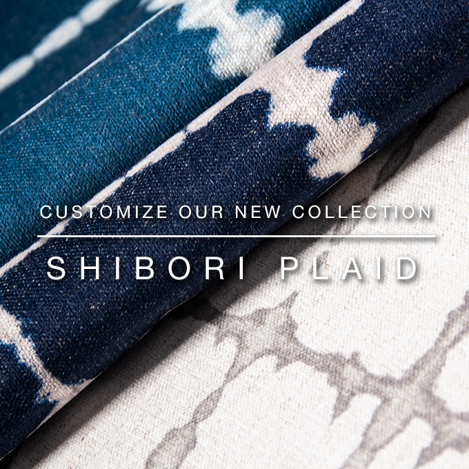 Blue and white Shibori Plaid photo that states customize our new collection